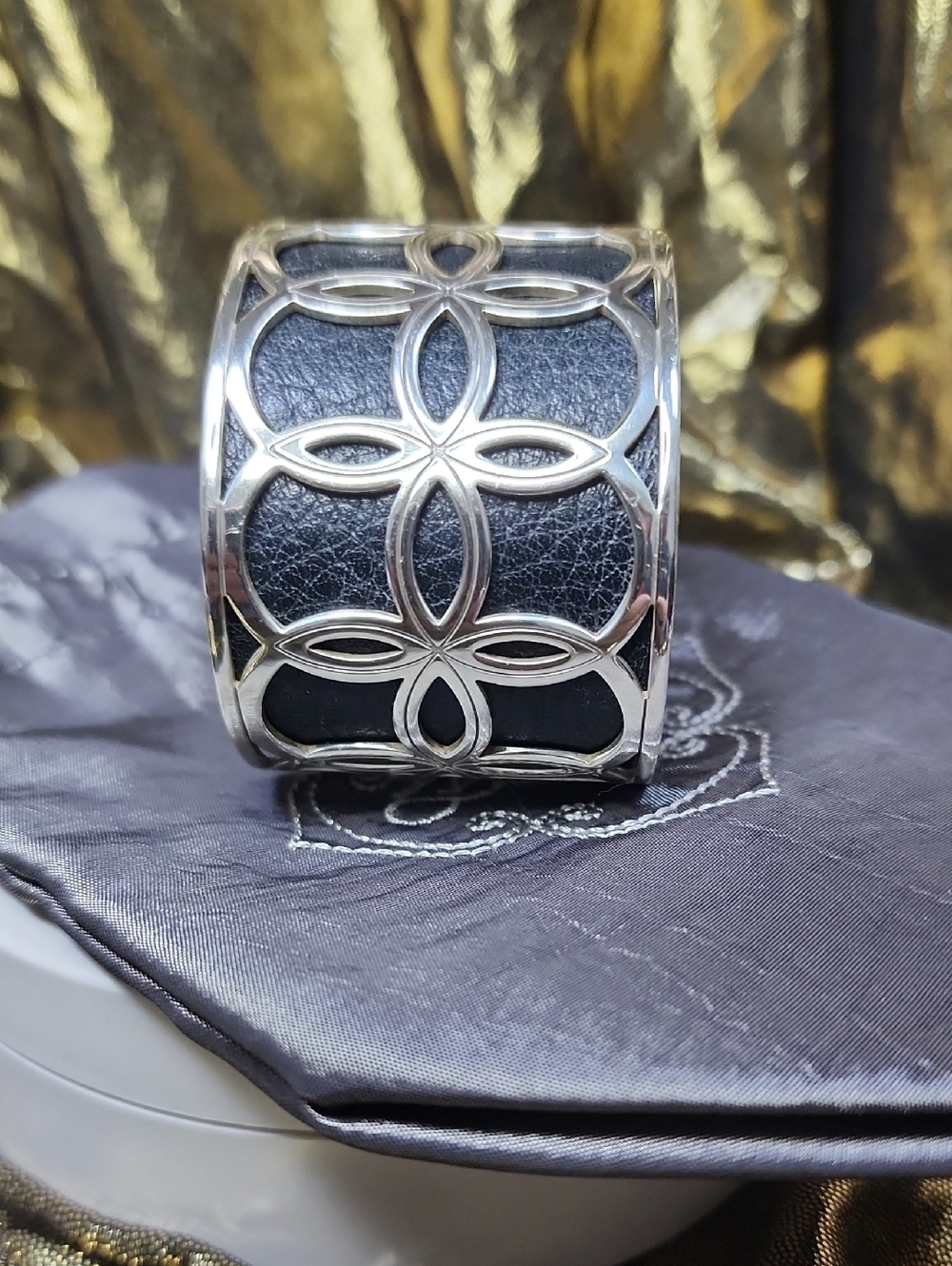 Brighton Silver-Tone Black Leather Floral Cuff Bracelet With Gray Brighton Bag